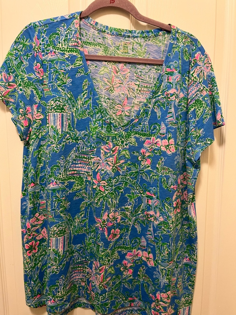 Lilly Pulitzer Blue Tropical V-Neck Tee with Pink & Green Print